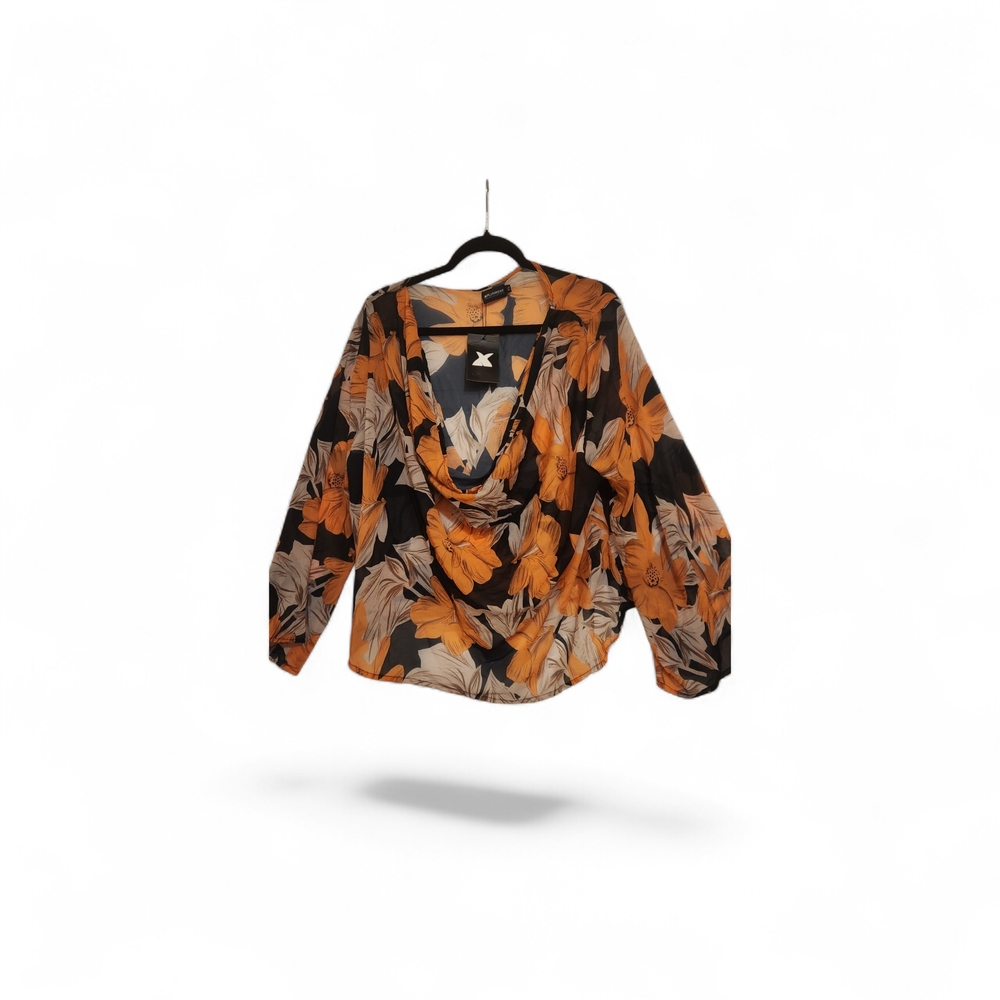 NWT- Floral Cowl Neck Blouse - Black and Orange - Picture 2 of 2